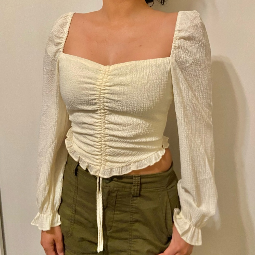 Forever 21 Cream Puff Long Sleeve Ruched Sweetheart Neck Blouse Size S